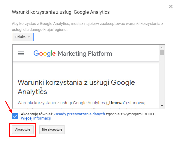 Akceptacja warunków usługi w Google Analytics
